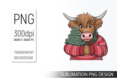 Cute Christmas Highland Cow , Animal Sublimation Clipart PNG Product Image 1