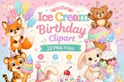 Ice Cream Birthday Clipart Bundle | Cute Animal Party PNG Product Image 1