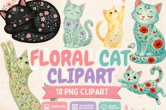 Floral Cat Clipart PNG, 18 Cute Flower Cat Designs Product Image 1