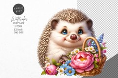 Hedgehog clipart, Hedgehog with basket of flowers Product Image 1