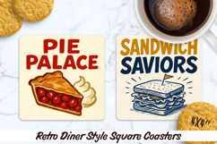 Retro Diner Style square coasters. Sublimation PNG. Product Image 1