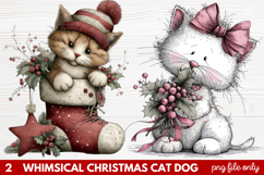 2 Whimsical Christmas Cat &amp; Dog Clipart | Cute Holiday Pet Product Image 1
