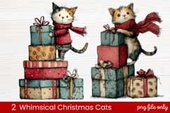 2 Whimsical Christmas Cats Clipart | Cute Holiday Cat PNG Product Image 1