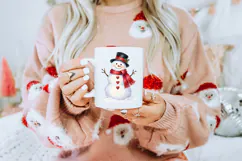 This vertically arranged snowman PNG features a round white snowman standing in soft snow, wearing a festive red scarf and black hat with holly, with three red hearts on its body.