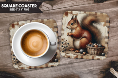 Squirrel, Woodland Animals, Buffalo Plaid Square Coaster PNG Product Image 1