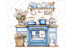 Blue Cottagecore Kitchen Clipart, Vintage Country Floral Png Product Image 5