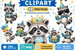 Boy Raccoon Birthday Clipart PNG, 18 Cute Blue Birthday Product Image 1