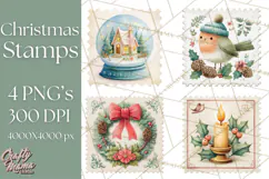 Vintage Christmas Stamp Clipart PNG Watercolor Product Image 1