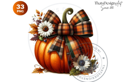 Floral Coquette Pumpkins and Daisies PNG with bows Cliparts Product Image 10