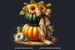 Floral Coquette Pumpkins and Daisies PNG with bows Cliparts Product Image 3