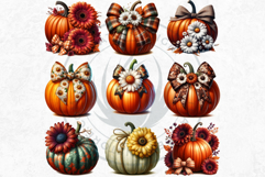 Floral Coquette Pumpkins and Daisies PNG with bows Cliparts Product Image 6