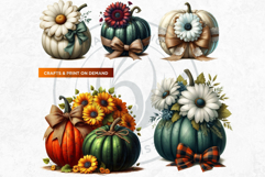 Floral Coquette Pumpkins and Daisies PNG with bows Cliparts Product Image 8