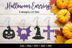 Halloween Earrings SVG - Pumpkin, Bat, Witch Hat and Cross Product Image 1