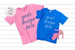 Pink and Blue Short Sleeve T-Shirt Flat Lay Mockup Product Image 1