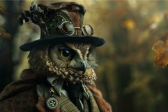 Owl dressed as a 19th century gentleman is standing in an au Product Image 1