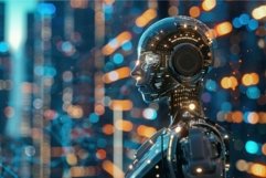 Android looking at futuristic city with lights reflecting on Product Image 1