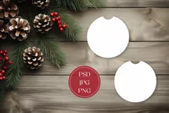 Christmas Car Coasters Mock Up PNG, Wooden Table Flat Lay Product Image 1