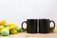 Two black coffee mug mockup with Easter eggs and tulips Product Image 2