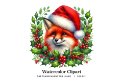 Christmas Fox Wreath Clipart PNG Santa Hat Holly Berry Product Image 1