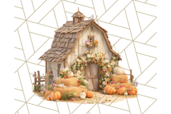 Fall Barn Clipart PNG With Pumpkins and Flowers, Autumn Png Product Image 2