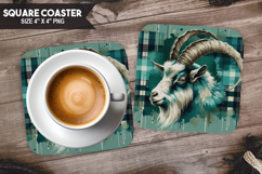Goat, Farm Animals, Buffalo Plaid Square Coaster PNG Product Image 1