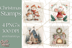 Vintage Christmas Stamp Clipart PNG Watercolor Product Image 1