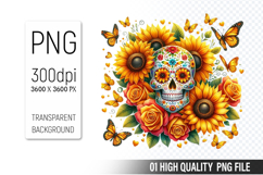 Sugar Skull Clipart PNG, Sublimation Skull Flowers Product Image 1