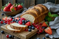 Freshly baked bread with berries on wooden table Product Image 1