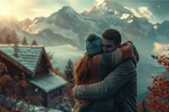 Loving couple embracing in mountain landscape Product Image 1