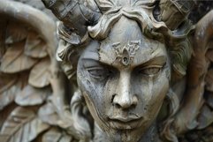 Closeup view of a detailed warrior face sculpture with intri Product Image 1