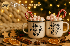 Two Christmas Mug Mockup | Holiday Enamel Cups | PNG JPG Product Image 1