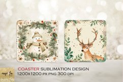 WINTER square coaster| watercolor reindeer and snowman Product Image 1