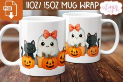 Cute Halloween mug wrap PNG, Cute ghost and pumpkins png Product Image 3