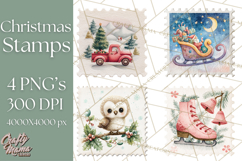 Vintage Christmas Stamp Clipart PNG Watercolor Product Image 1