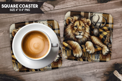 Lion, Wild Animals, Buffalo Plaid Square Coaster PNG Product Image 1