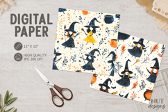 Cute Witch Halloween Digital Paper watercolor witches, broom Product Image 1