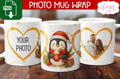 Christmas photo mug wrap PNG, Cute penguin mug template PNG Product Image 1