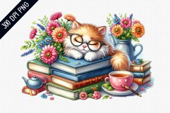 Books And Sleeping Cat Sublimation - Clipart PNG Design Product Image 1