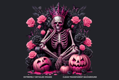Pink &amp; Black Gothic Halloween Skeletons Clipart PNG, Skulls Product Image 3