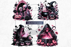Pink &amp; Black Gothic Halloween Skeletons Clipart PNG, Skulls Product Image 7