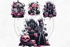 Pink &amp; Black Gothic Halloween Skeletons Clipart PNG, Skulls Product Image 5