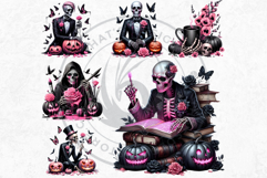 Pink &amp; Black Gothic Halloween Skeletons Clipart PNG, Skulls Product Image 6