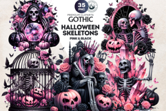 Pink &amp; Black Gothic Halloween Skeletons Clipart PNG, Skulls Product Image 1
