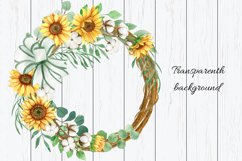 Watercolor wreath of sunflower, cotton and green leaves. Product Image 3