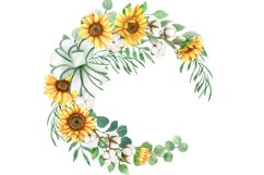 Watercolor wreath of sunflower, cotton and green leaves. Product Image 2