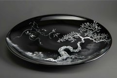 Elegant black ceramic plate with white tree design Product Image 1