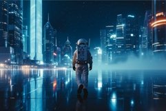 Mysterious Astronaut walks in night city. Generate ai Product Image 1