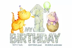 1st. Birthday dinosaur PNG. First Birthday Dino watercolour. Product Image 2