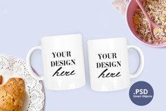 2 Two mugs mockup PSD, Double mug mockup on breakfast table Product Image 1