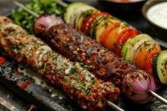 Sizzling kebabs on hot grill with fresh vegetables Product Image 1